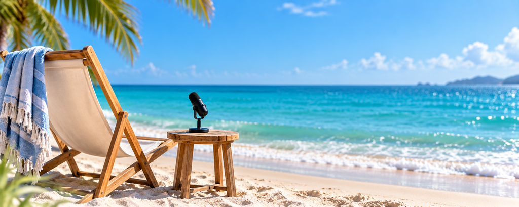 Beach chair and microphone by the ocean for the Fetch the Swell podcast
